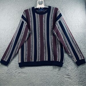 John Ashford Sweater Men's L Long Sleeve Knit Stripe 100% Cotton Navy Burgundy